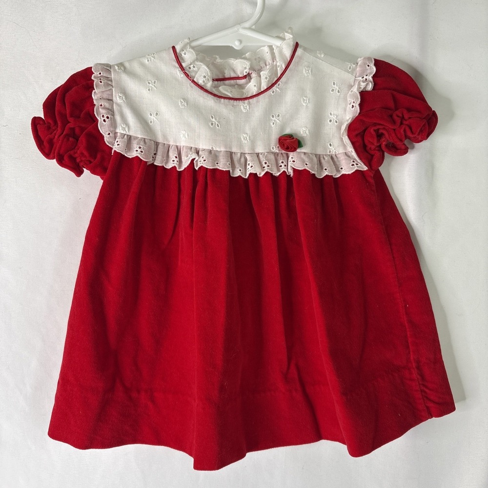 Vtg Alexis Baby Girl 12M Red Velvet Holiday Dress White Eyelet Lace Cottagecore